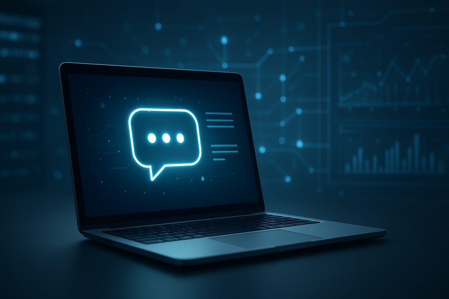 A laptop screen displaying a digital chat icon with a blue background and graph visuals